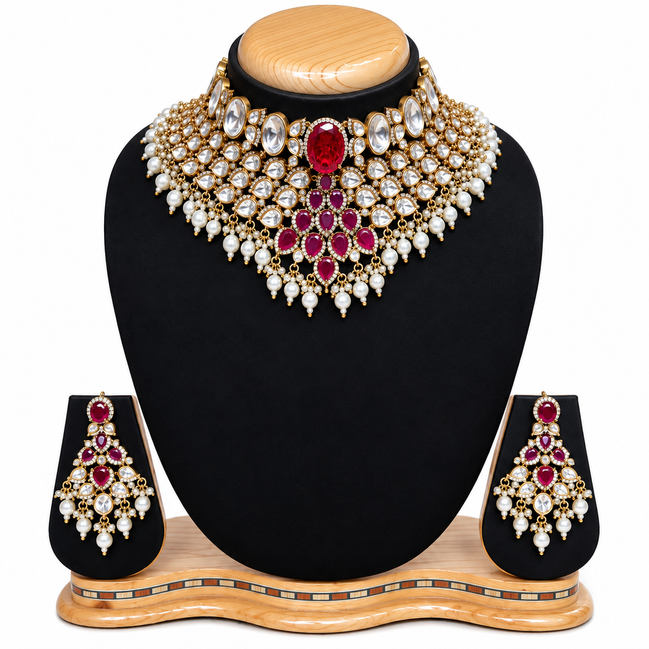 Ruby Kundan Pearl Cascade Set