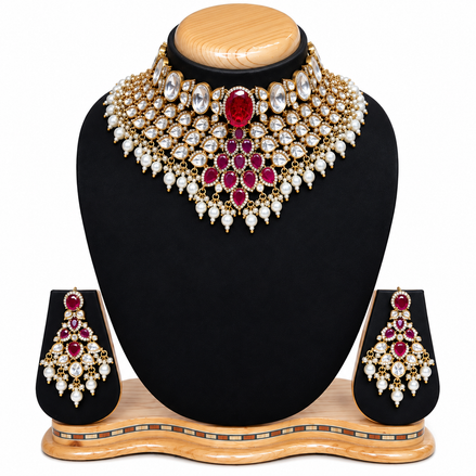 Ruby Kundan Pearl Cascade Set