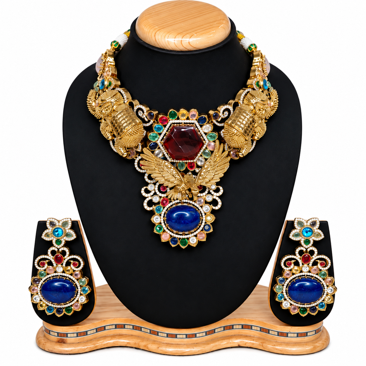 Royal Peacock Navratan Pendant Set