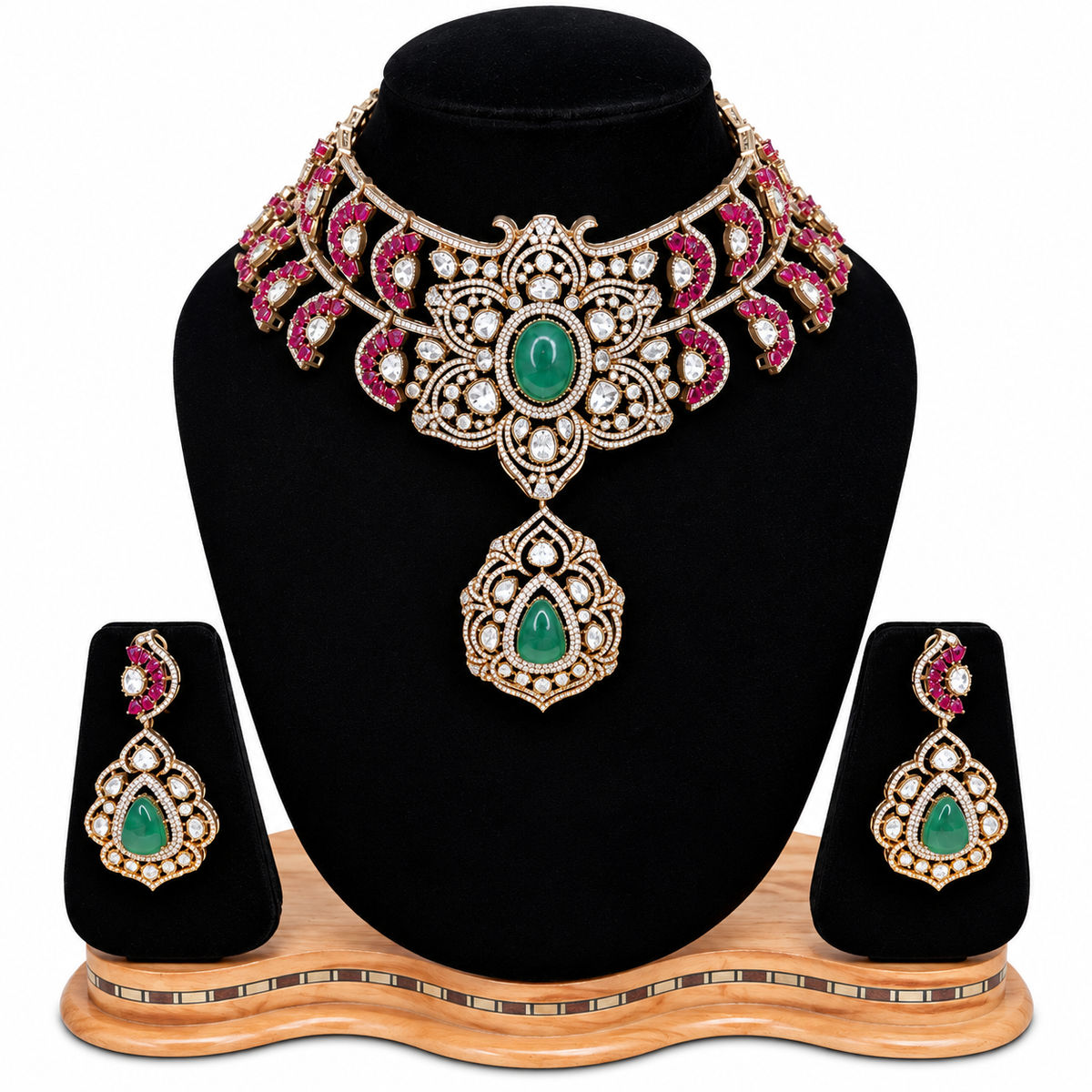 Emerald Rani Polki Necklace Set