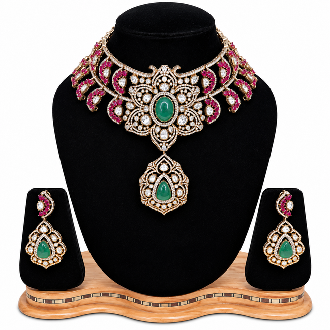 Emerald Rani Polki Necklace Set