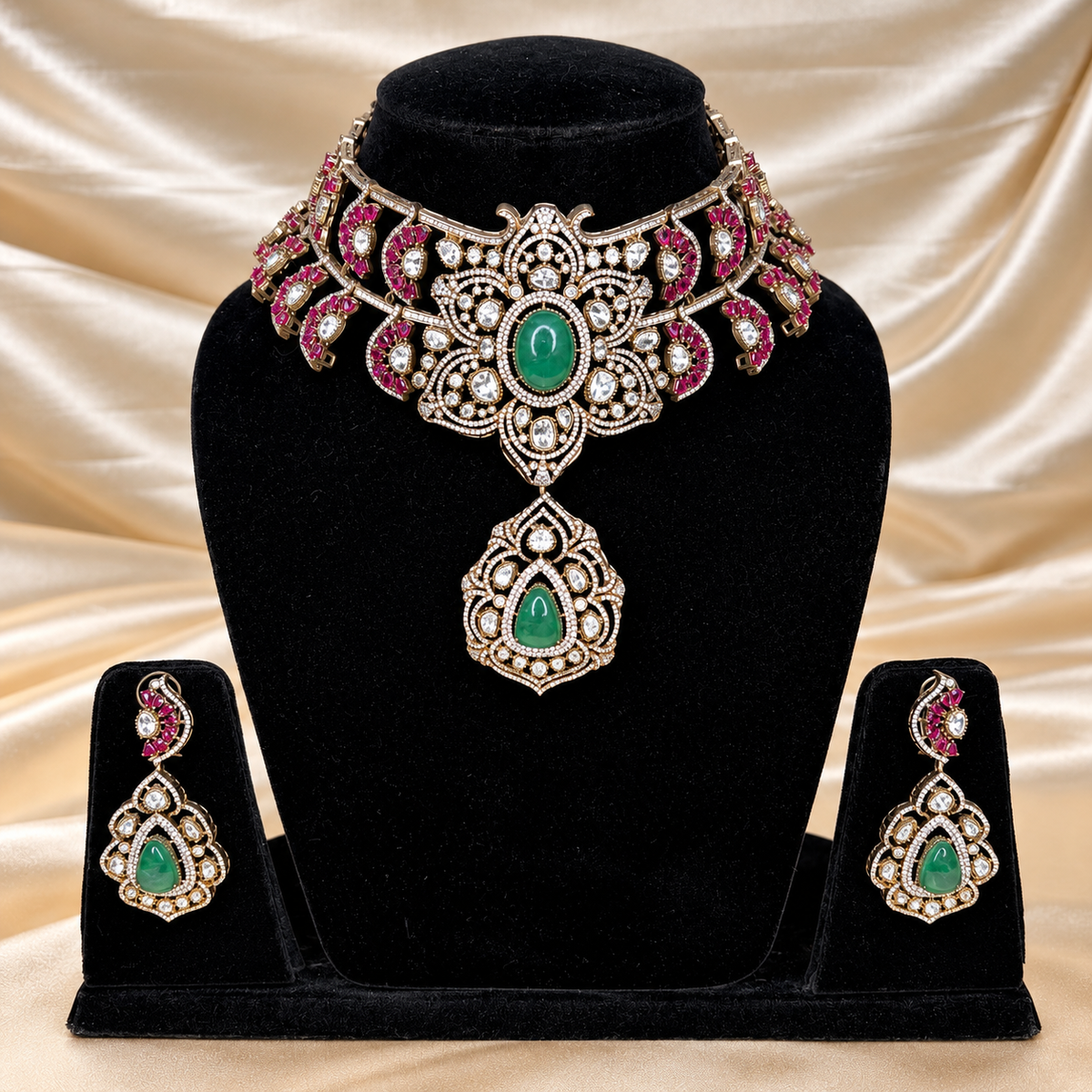Emerald Rani Polki Necklace Set