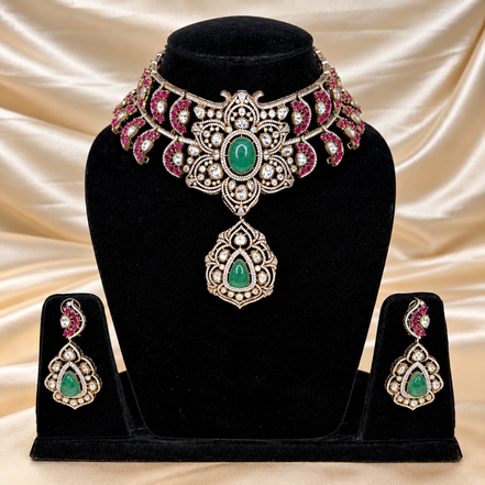 Emerald Rani Polki Necklace Set