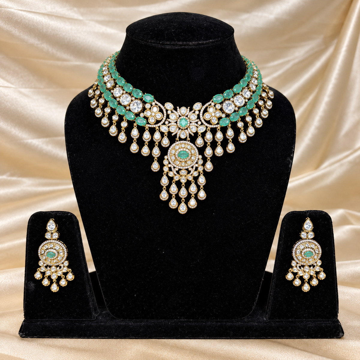 Emerald Jadau Teardrop Necklace Set