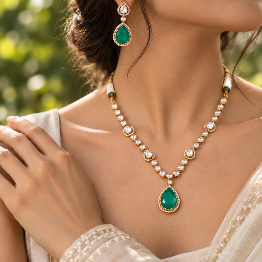 Title- Emerald Green Teardrop Semi-Precious Stone Necklace | Micro Gold Plated Jewellery