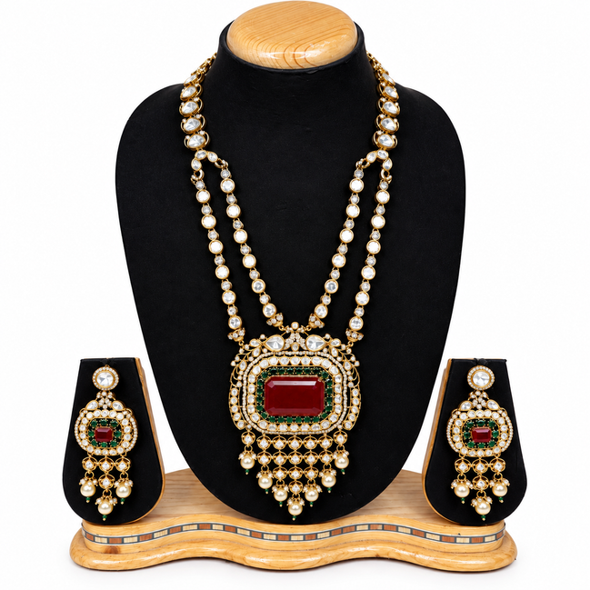 Elegant Emerald & Ruby Kundan Necklace Set