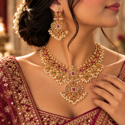 Royal Ruby Emerald Kundan Necklace Set