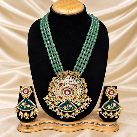 Emerald Green Beaded Kundan Necklace Set
