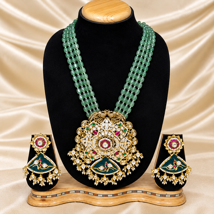 Emerald Green Beaded Kundan Necklace Set