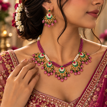 Royal Emerald Ruby Meenakari Necklace Set
