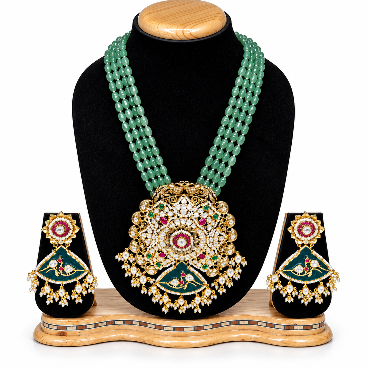 Emerald Green Beaded Kundan Necklace Set