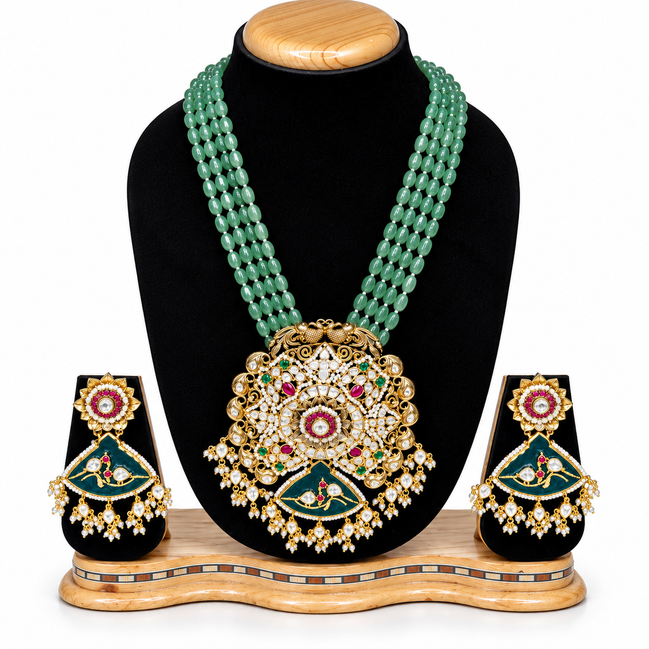 Emerald Green Beaded Kundan Necklace Set