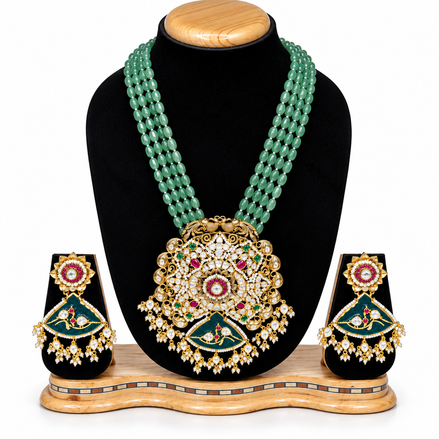 Emerald Green Beaded Kundan Necklace Set