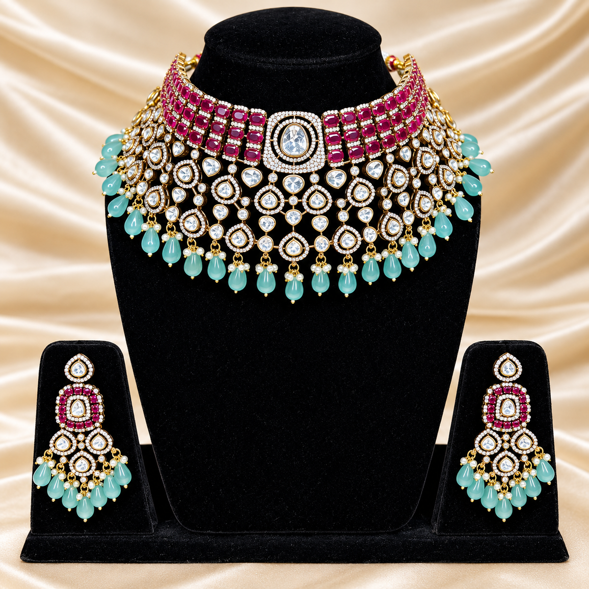 Ruby & Mint Green Kundan Bridal Necklace Set