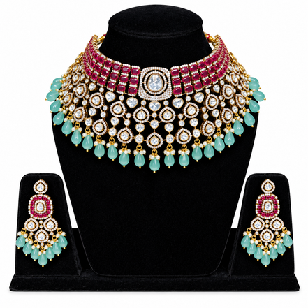 Ruby & Mint Green Kundan Bridal Necklace Set