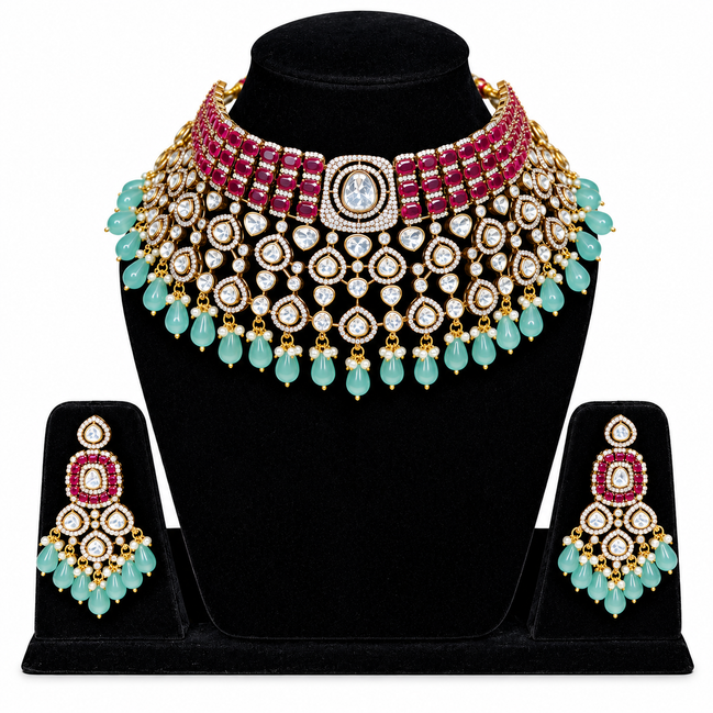 Ruby & Mint Green Kundan Bridal Necklace Set