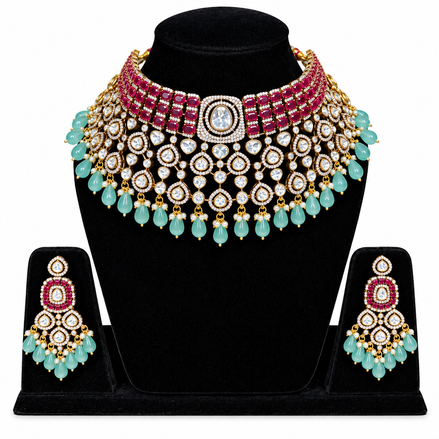 Ruby & Mint Green Kundan Bridal Necklace Set
