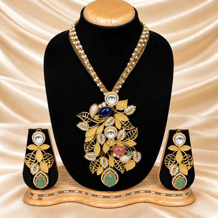 Royal Emerald & Pearl Floral Necklace Set