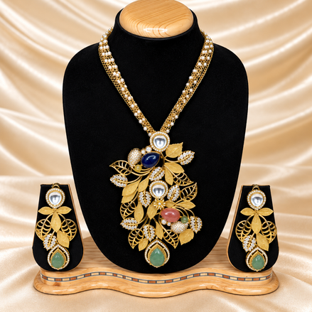 Royal Emerald & Pearl Floral Necklace Set