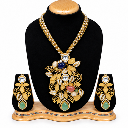 Royal Emerald & Pearl Floral Necklace Set