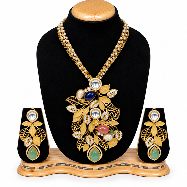 Royal Emerald & Pearl Floral Necklace Set