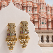 Royal Elephant Traditional Jhumka Earrings with Multicolour Stones & White Bead Drops