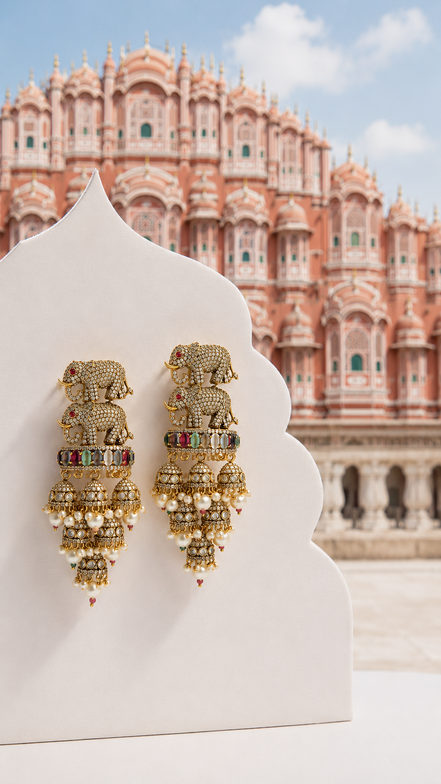 Royal Elephant Traditional Jhumka Earrings with Multicolour Stones & White Bead Drops