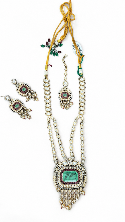 Green Traditional Necklace Set with White Bead & Deep Red Detailing