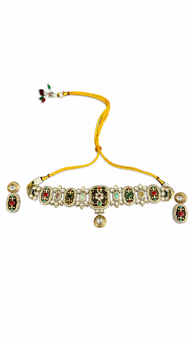 Traditional Meenakari-Inspired Stone-Studded Choker Necklace Set with Matching Earrings