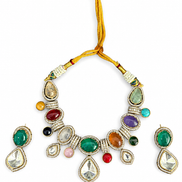 Multicolour Traditional Stone-Studded Necklace Set with Green Centre Stone & Matching Earrings
