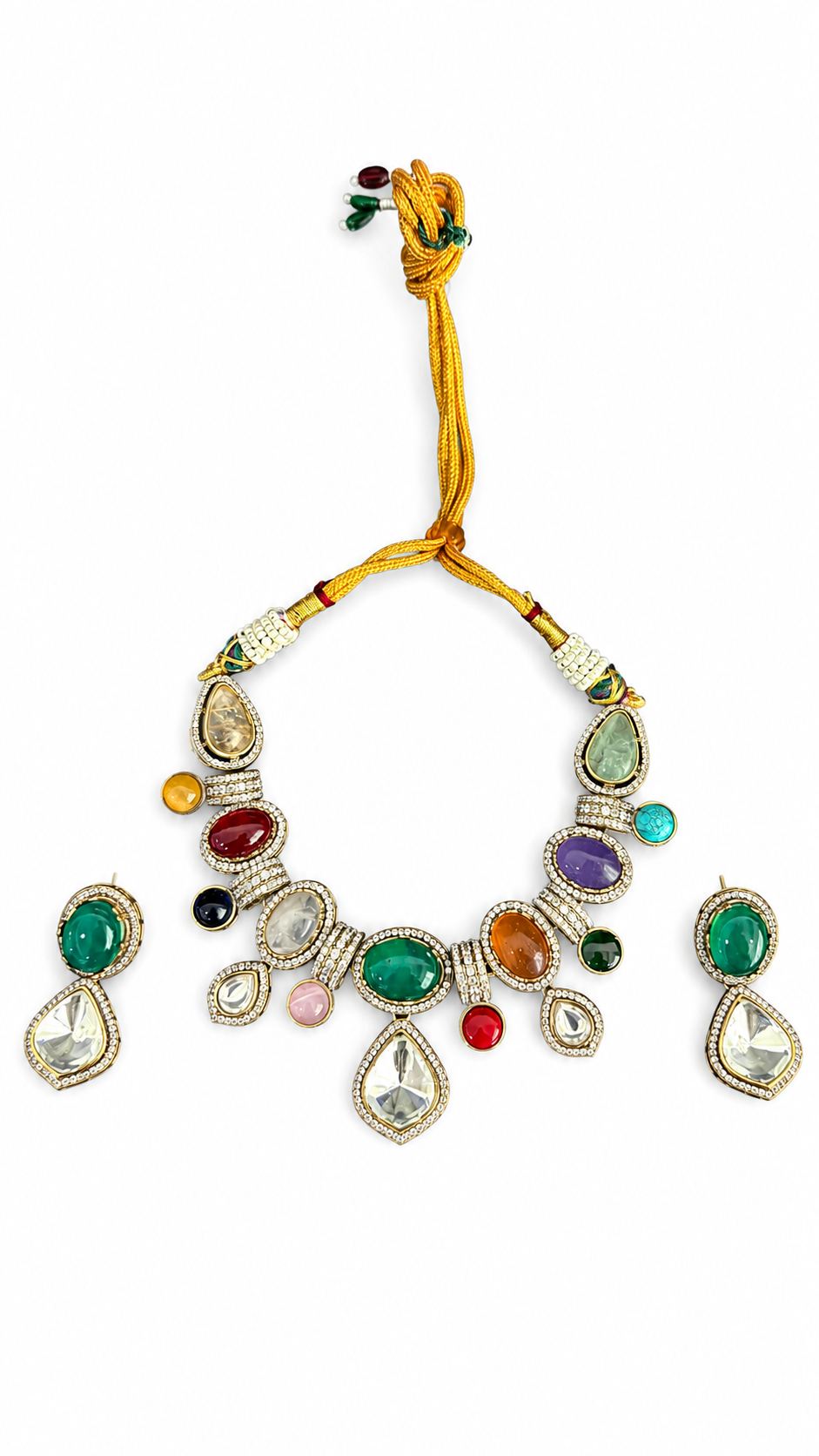 Multicolour Traditional Stone-Studded Necklace Set with Green Centre Stone & Matching Earrings