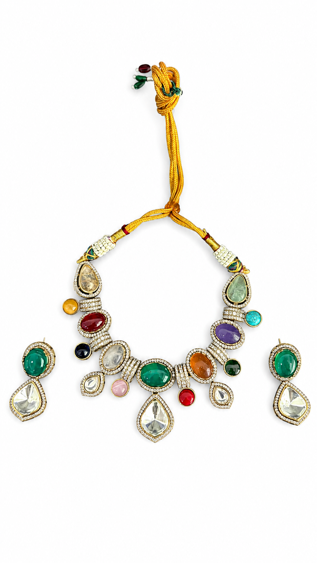 Multicolour Traditional Stone-Studded Necklace Set with Green Centre Stone & Matching Earrings