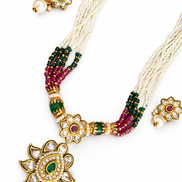 Royal Traditional White Bead Necklace Set with Green & Magenta Beads and Matching Earrings