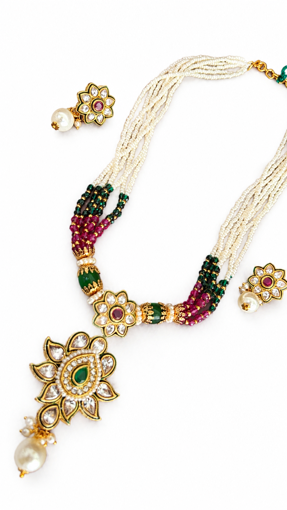 Royal Traditional White Bead Necklace Set with Green & Magenta Beads and Matching Earrings