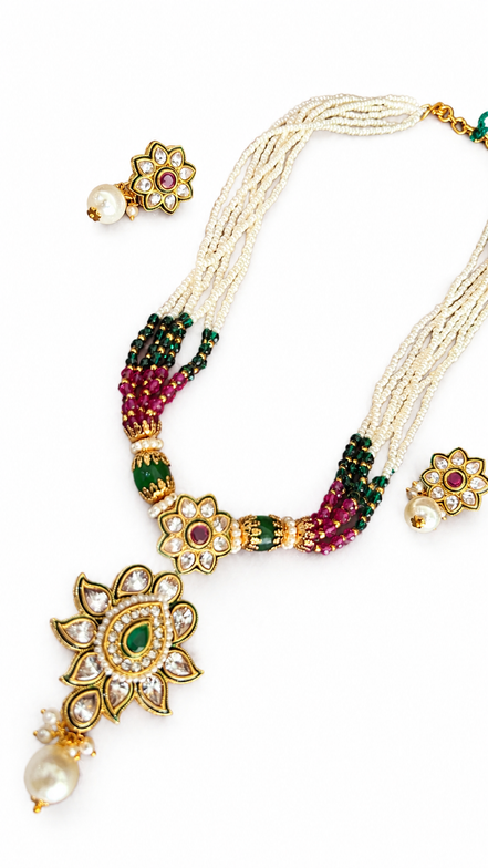 Royal Traditional White Bead Necklace Set with Green & Magenta Beads and Matching Earrings