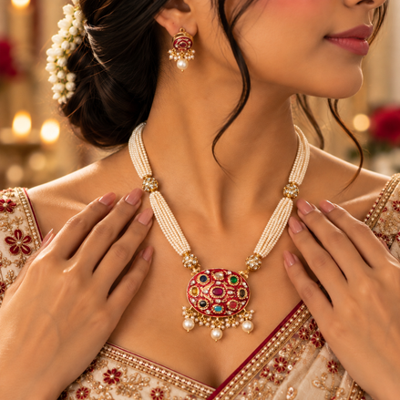 Royal Ruby Polki Pearl Necklace Set