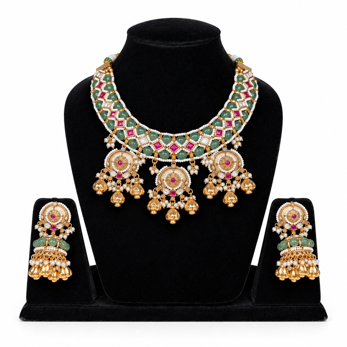 Emerald Kundan Jhumka Necklace Set