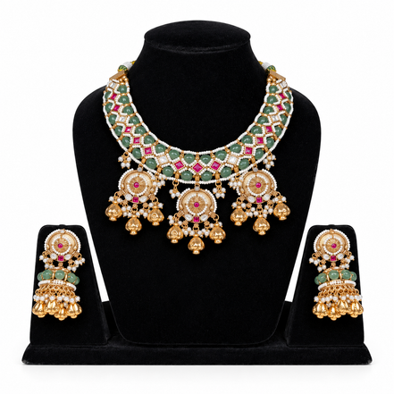 Emerald Kundan Jhumka Necklace Set