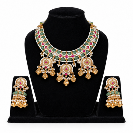 Emerald Kundan Jhumka Necklace Set