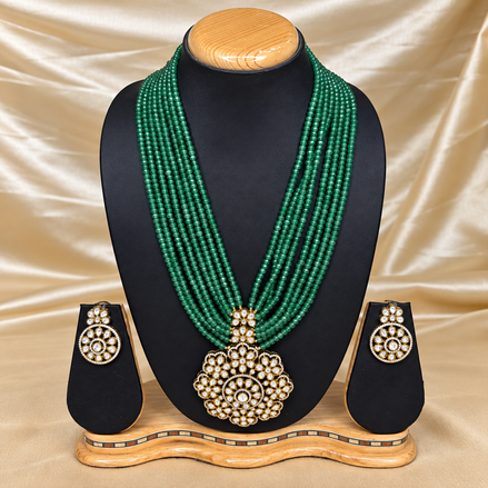 Emerald Green Beaded Kundan Necklace Set with Floral Pendant