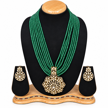 Emerald Green Beaded Kundan Necklace Set with Floral Pendant