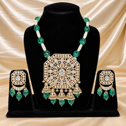 Emerald Green Kundan Chandelier Necklace Set with Statement Pendant