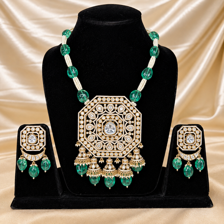 Emerald Green Kundan Chandelier Necklace Set with Statement Pendant