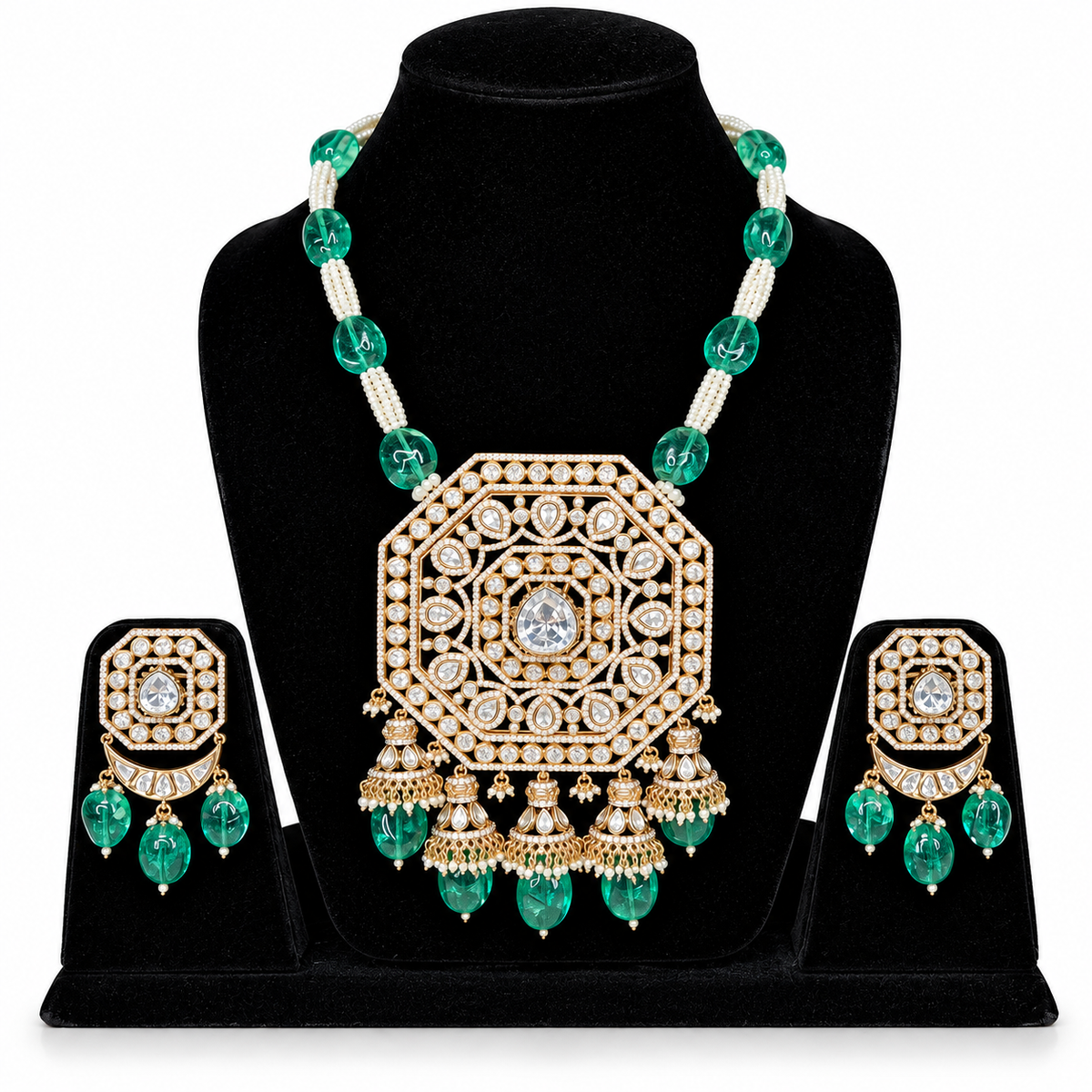 Emerald Green Kundan Chandelier Necklace Set with Statement Pendant