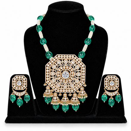 Emerald Green Kundan Chandelier Necklace Set with Statement Pendant