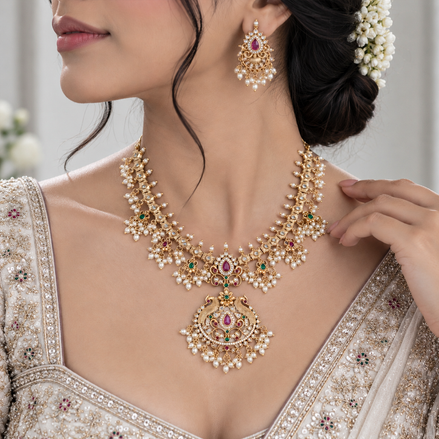 Ruby Emerald Pearl Heritage Necklace Set