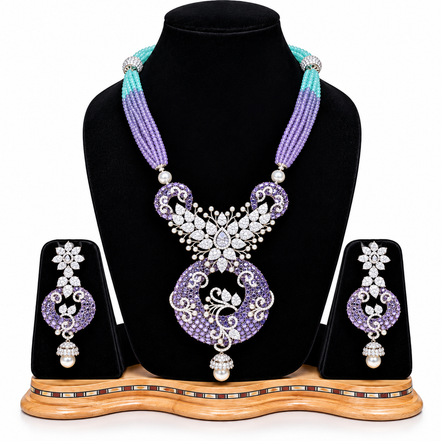 Lavender & Turquoise Beaded Statement Choker Set with American Diamond Accents