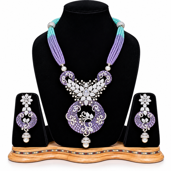 Lavender & Turquoise Beaded Statement Choker Set with American Diamond Accents
