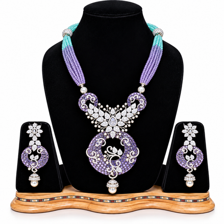 Lavender & Turquoise Beaded Statement Choker Set with American Diamond Accents