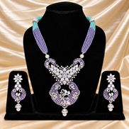Lavender & Turquoise Beaded Statement Choker Set with American Diamond Accents